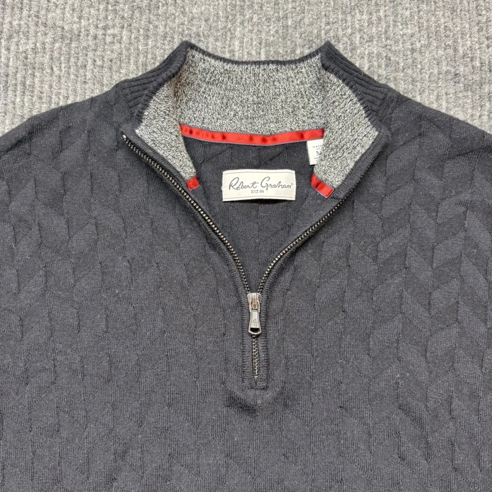 Robert Graham Wool‎ Blend Black Cable Knit Quarter Zip Sweater Medium Luxe